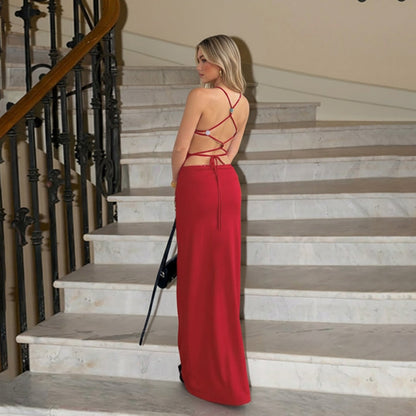 Women Beaded Lace up Backless Sexy Dress Cocktail Festive Red Elegant Dress Maxi Dress by Ragazza