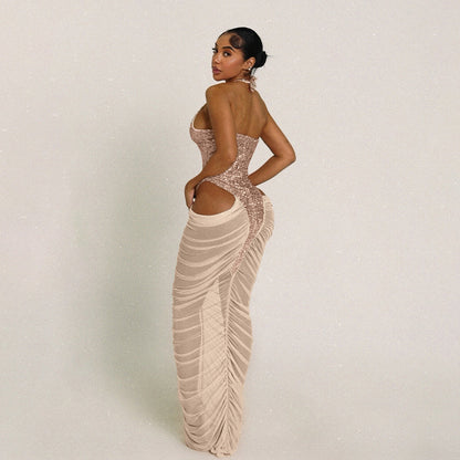 Autumn Winter Women Clothing Fashionable Sequ Stitching Sexy Mesh See through Ruffle Hip Dress by Ragazza
