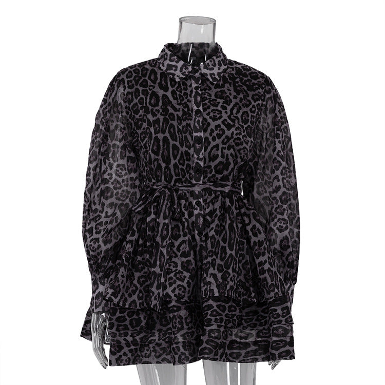Women Clothing Early Spring Chiffon Leopard Print Long Sleeved Dress Street Collared Pettidress by Ragazza