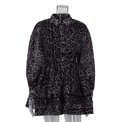 Women Clothing Early Spring Chiffon Leopard Print Long Sleeved Dress Street Collared Pettidress by Ragazza