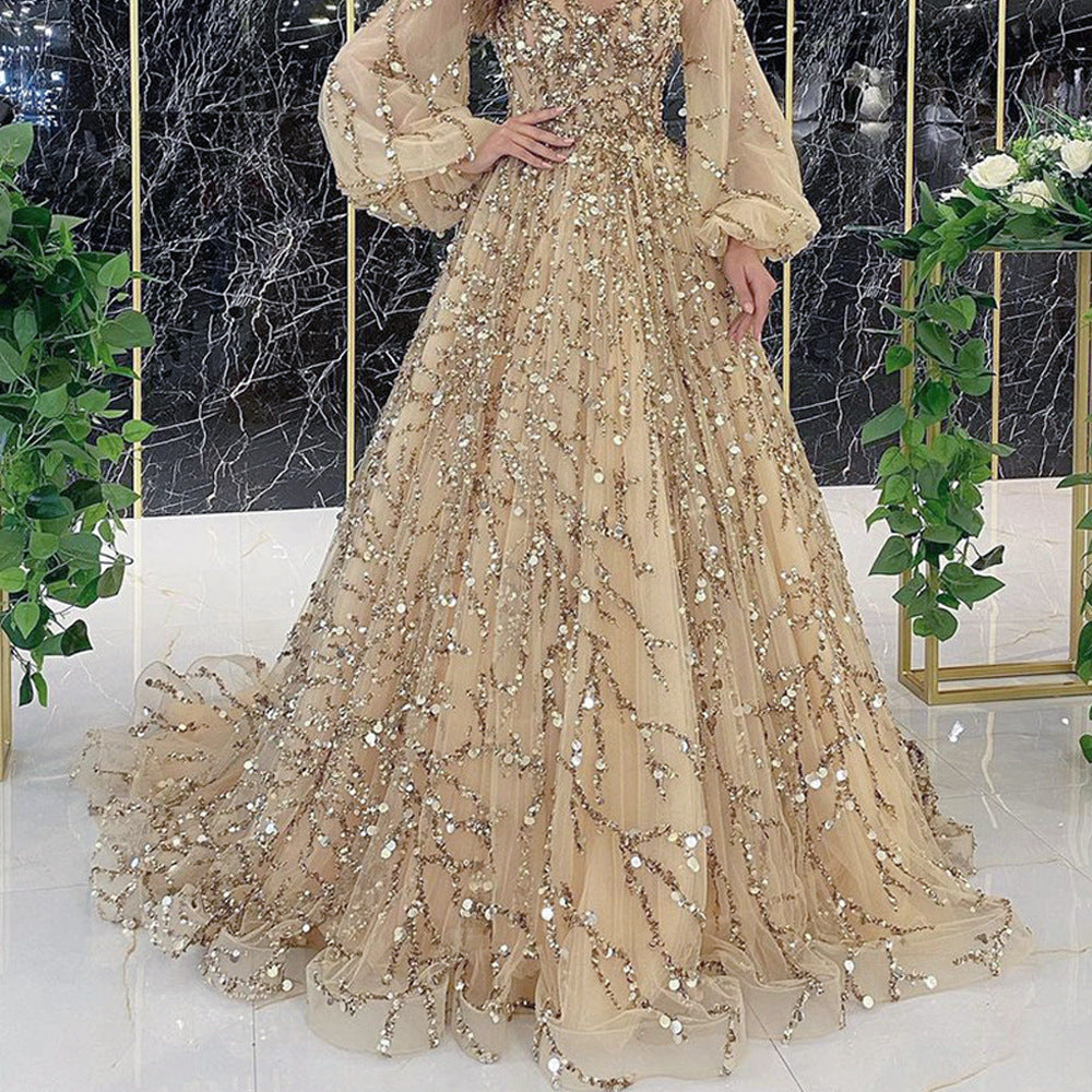 Gold Heavy Industry Beads Luxury Evening Dress Sexy Socialite Aura Queen Maxi Dress by Ragazza