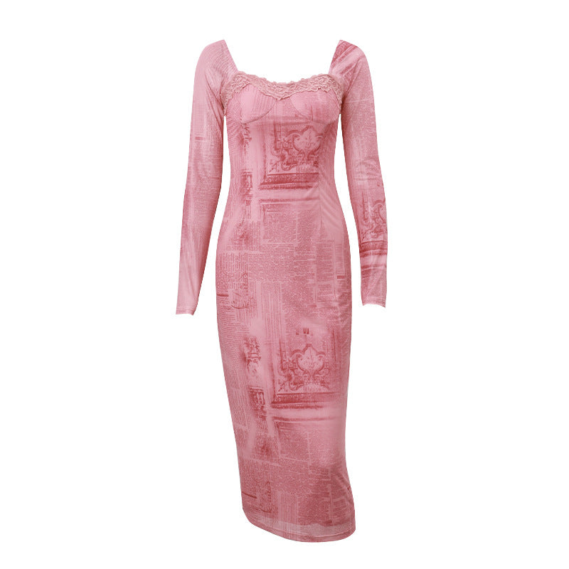 Women Clothing Autumn Best Sexy Low Cut Backless Square Collar Retro Slim Fit Long Sleeved Dress by Ragazza