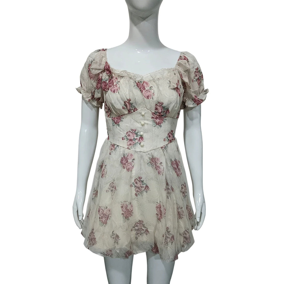 Retro Spicy Girl Square Collar Lace Stitching Bow Dress Women Summer Small Bright Silk Floral Dress by Ragazza