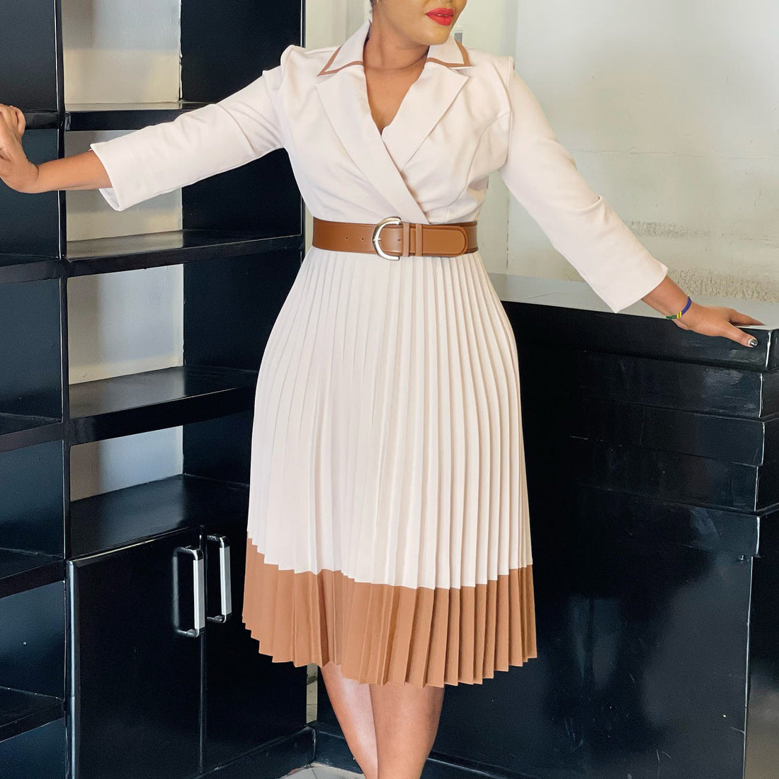 Women Clothing Winter Elegant Elegant Blazers Collar Color Matching Pleated Dress by Ragazza