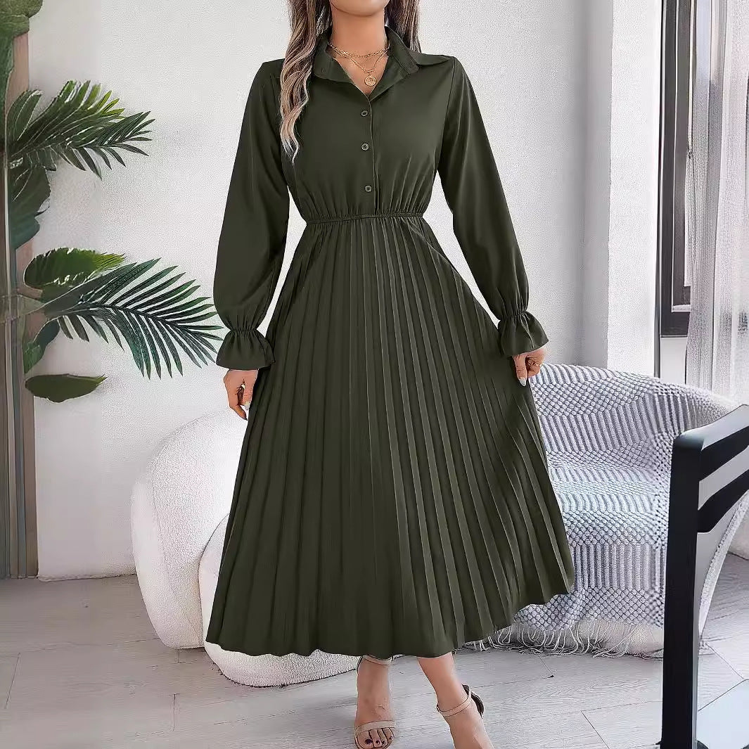 Autumn Winter Casual Collared Button Long Sleeve Cinched Pleated Maxi Dress Women Clothing by Ragazza