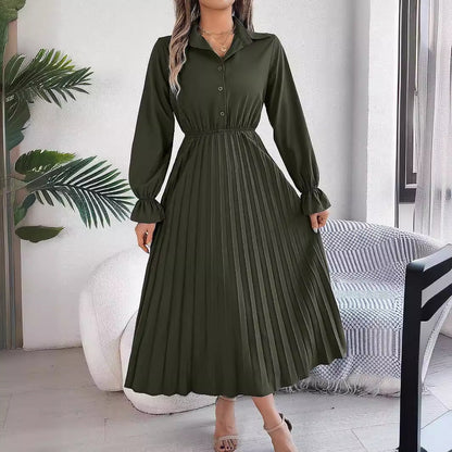Autumn Winter Casual Collared Button Long Sleeve Cinched Pleated Maxi Dress Women Clothing by Ragazza