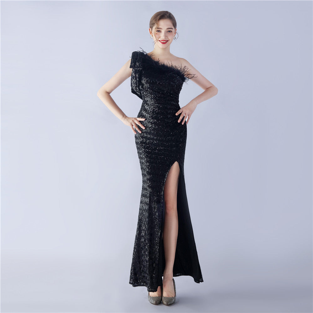 Craft Floral plus Ostrich Feather High End Sequined One Shoulder Evening Dress by Ragazza