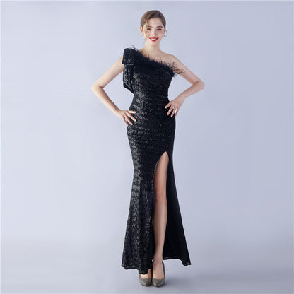 Craft Floral plus Ostrich Feather High End Sequined One Shoulder Evening Dress by Ragazza
