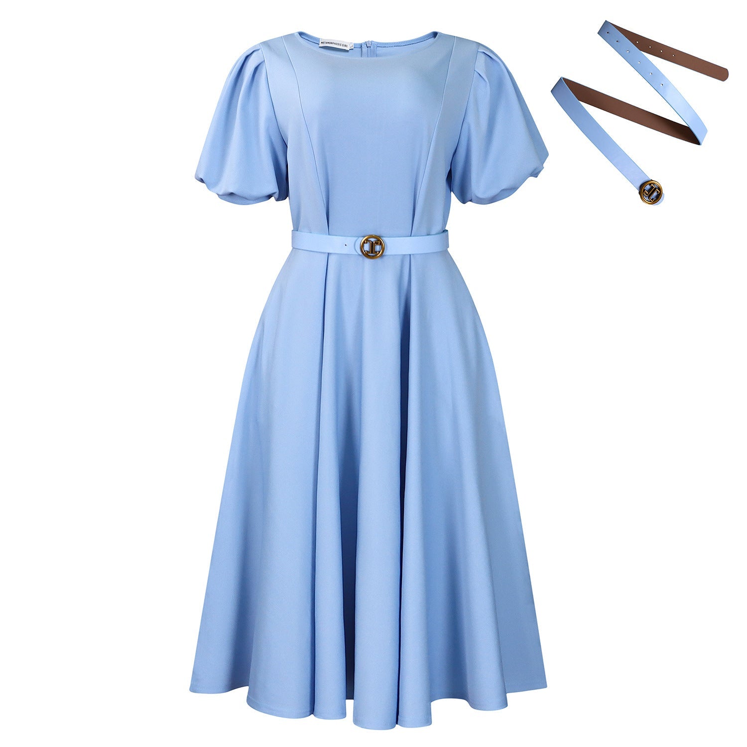 Women Clothing round Neck Puff Sleeve High Waist Dress by Ragazza