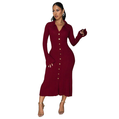 Women Wear V neck Solid Color Dress Single Breasted Long Sleeve Dress by Ragazza