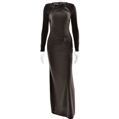 Dress Women round Neck Long Sleeve Sexy Slim Pleated Maxi Dress Elegant Dress by Ragazza