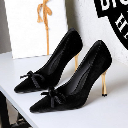 French Metal High Heel Slip on Stilettos Bow Suede Cocktail Goddess Shoes  DestGlow