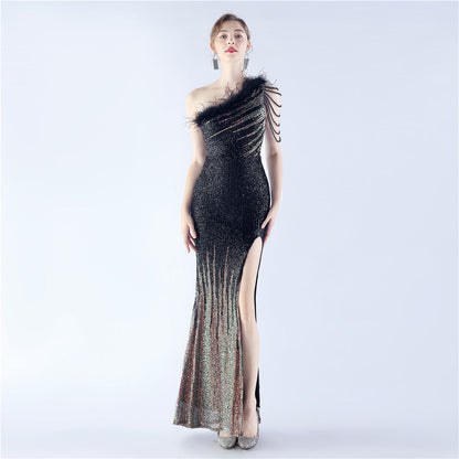 Gradient Sequin Craft Beaded Ostrich Feather Diagonal Collar One Shoulder Long Evening Dress by Ragazza