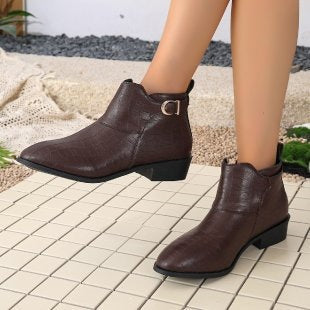 Low Heel Buckle Short Martin Boots Women Thick Heel Pointed Women Thin Leather Boots  DestGlow