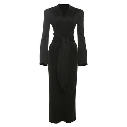 Fall Women Clothing Solid Color Collared Waist Tight Slim Fit Lace up Long Sleeve Zipper Dress by Ragazza