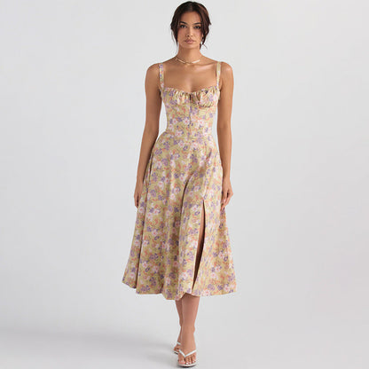 Women Clothing Sexy Backless Slim Fit Strap Dress Vacation Floral Split Mid Length Dress by Ragazza