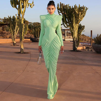 Fall Women Clothing Solid Color Turtleneck Backless Stitching Pleated Slim Fit Dress by Ragazza