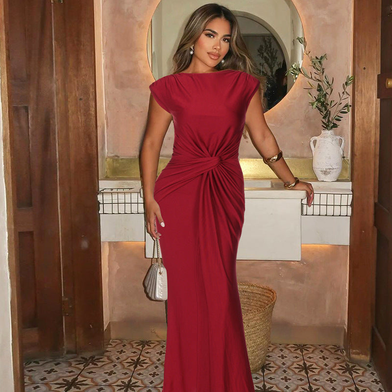 Women Clothing Winter Slim Pleated Solid Color Sleeveless Dress Women by Ragazza