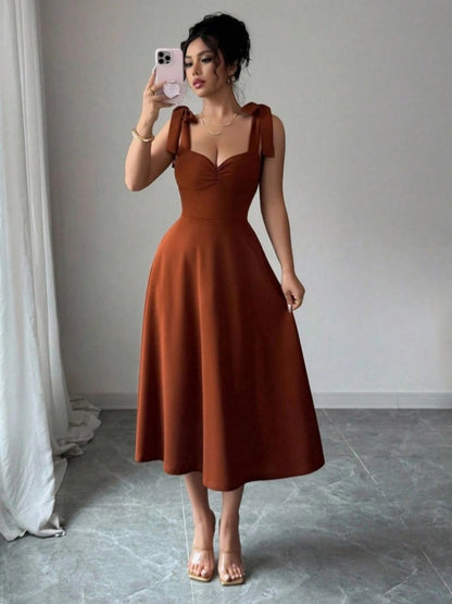 Spring Summer Solid Color Tied Dress Waist Slimming Elegant Graceful Maxi Dress by Ragazza