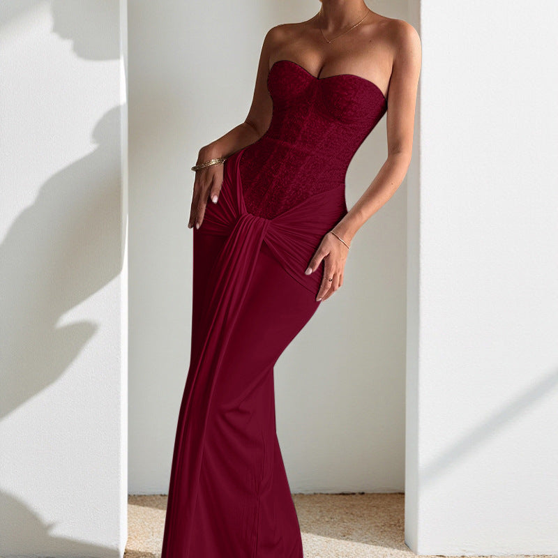 Women Evening Maxi Dress Waist Slimming Ribbon Tube Top Dress by Ragazza