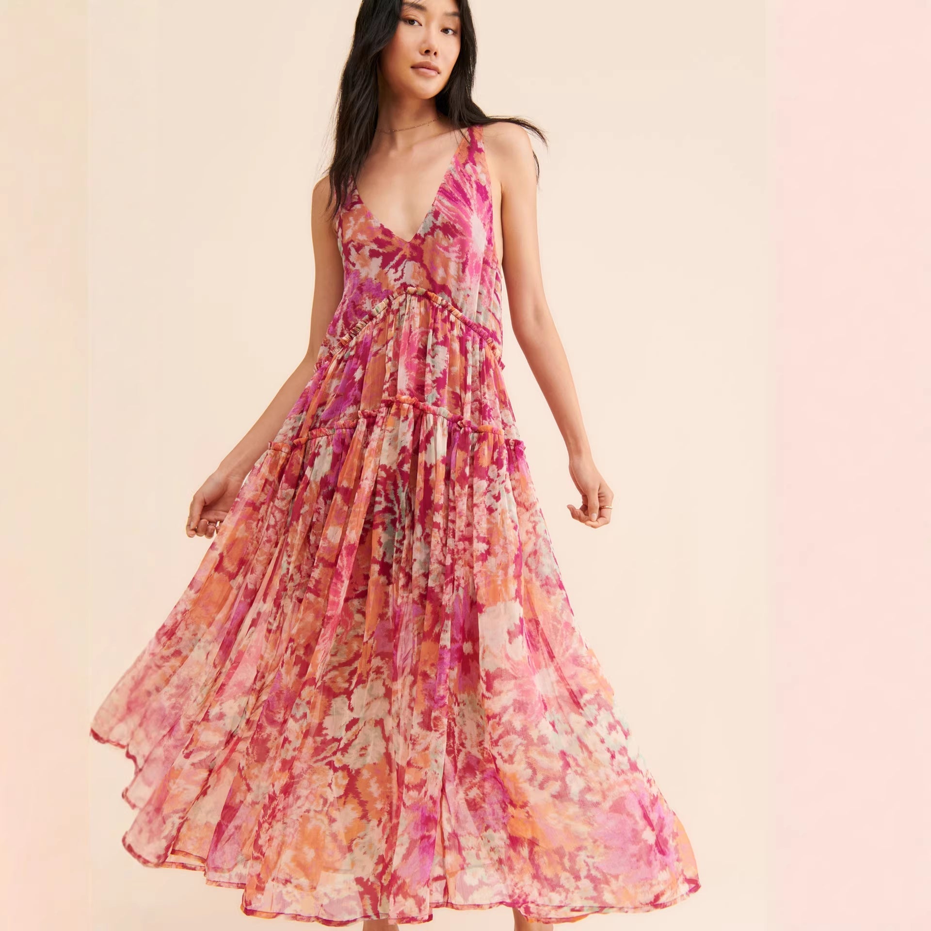 Spring Summer Women Clothing Bohemian Retro Stitching Maxi Dress by Ragazza