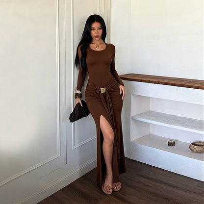Metal Buckle Lace up Waist-Controlled Split Slimming Sexy Formal Dress Long Sleeve Dress  DestGlow