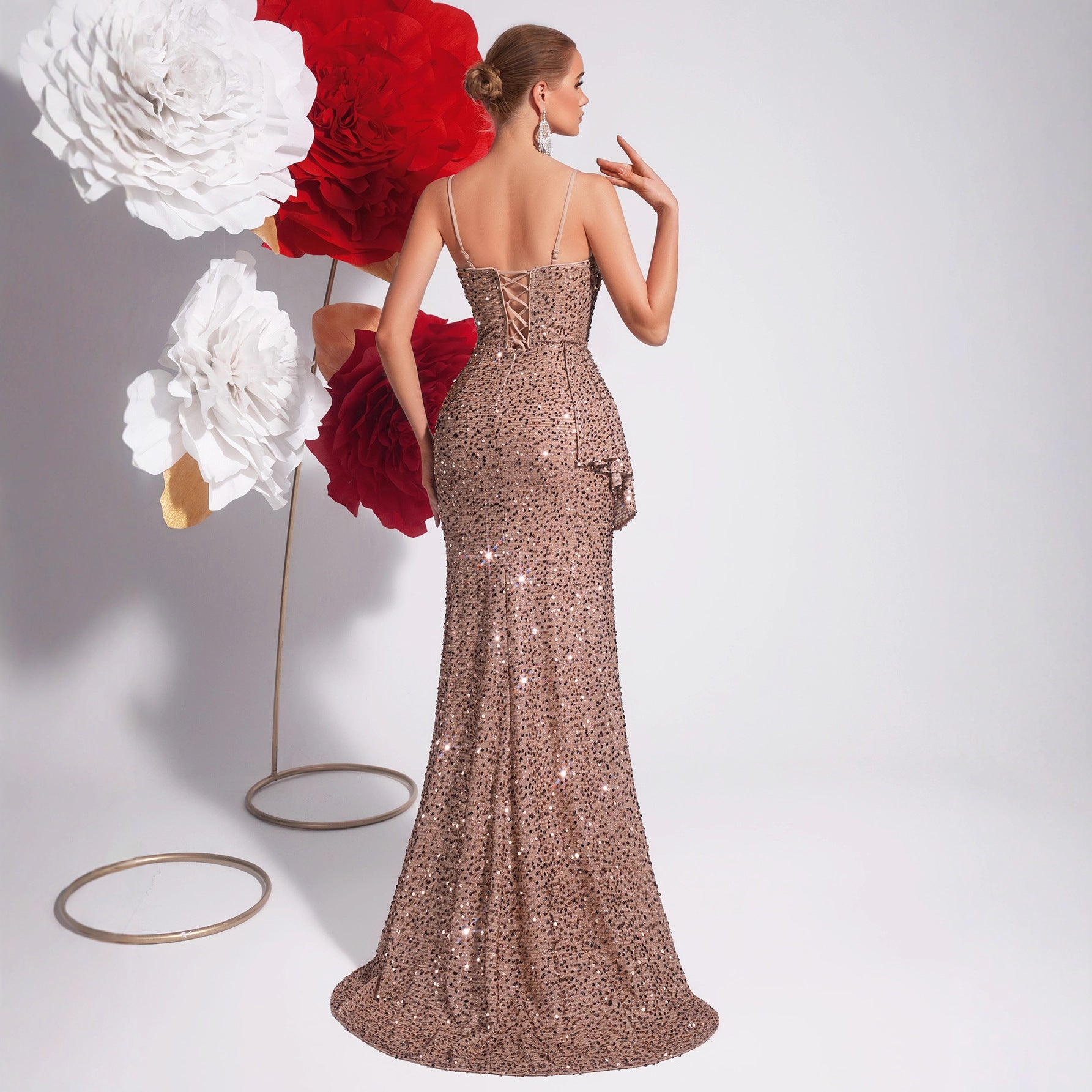 Champagne Sequin Sling Evening Dress Slim Fit Slit Cocktail Host Annual Party Party Light Luxury Fishtail Dress by Ragazza