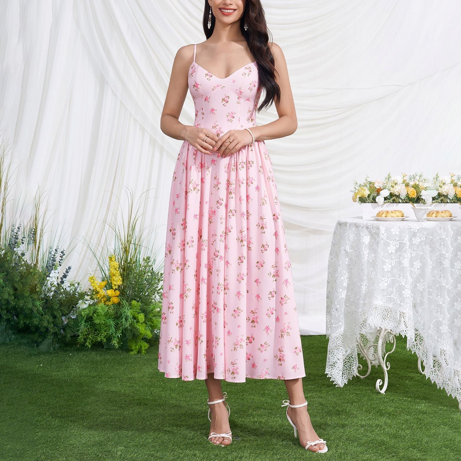 Vacation Low Collar Slip Dress Sexy Backless Lace up Waist Slimming Printed Pleated Midi Dress  DestGlow