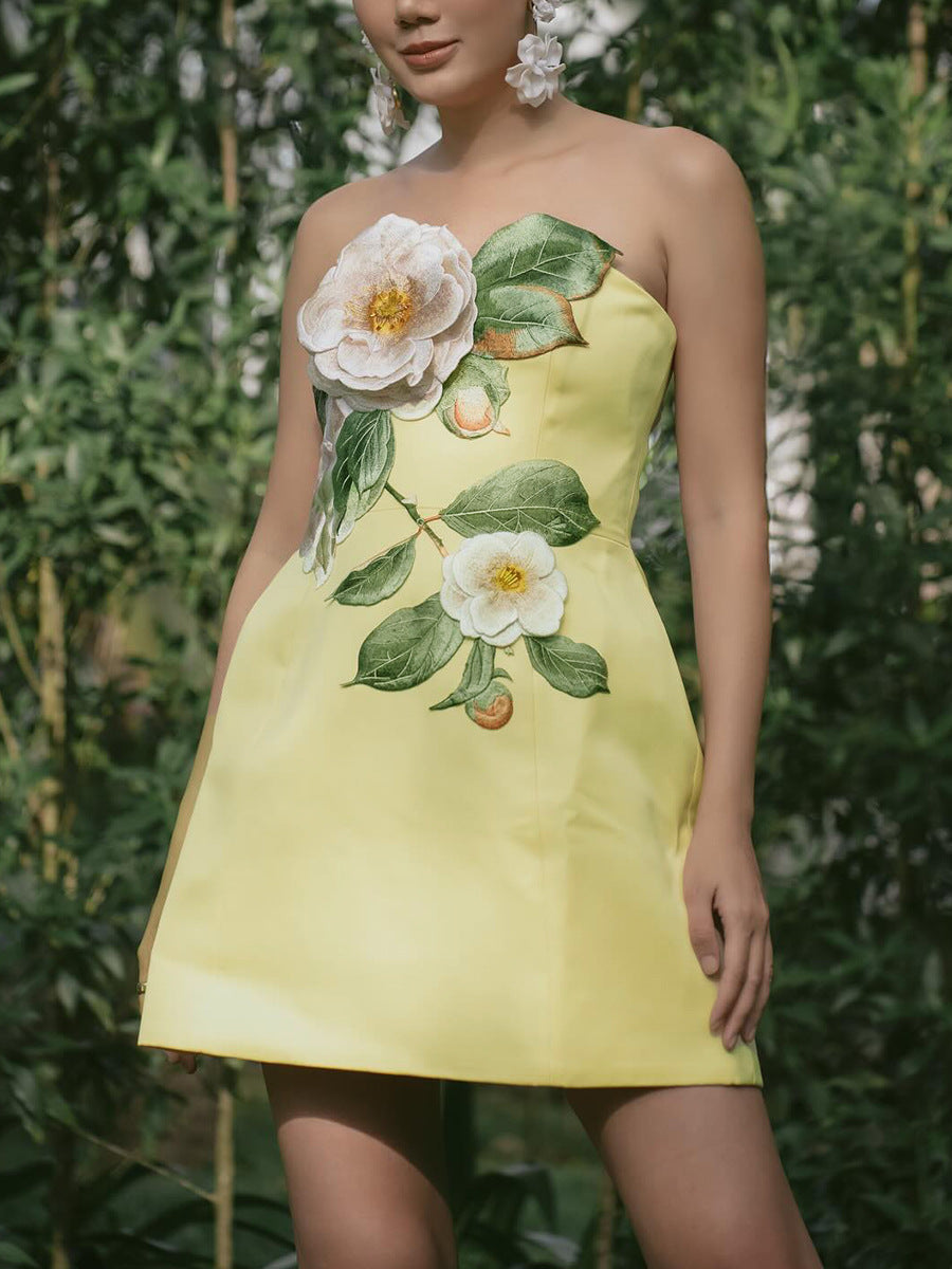 Summer Embroidery Three Dimensional Floral Sleeveless Tube Top Slimming Dress Women by Ragazza