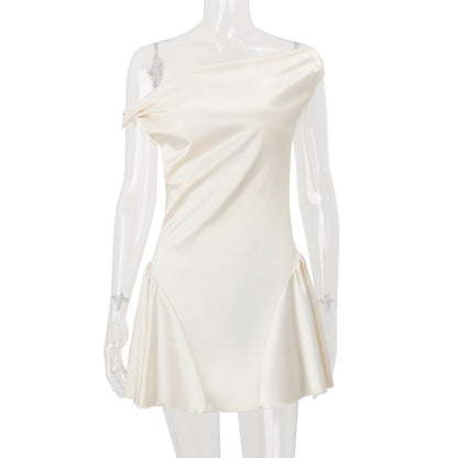 Women Clothing Autumn French Sexy Pure Sweet Waist Controlled Satin Dress by Ragazza
