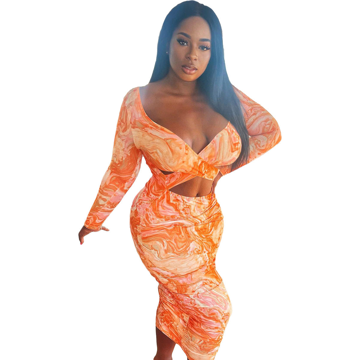 Women Clothing Autumn Winter Tie Dyed Printed Cutout Pleated V neck Dress by Ragazza