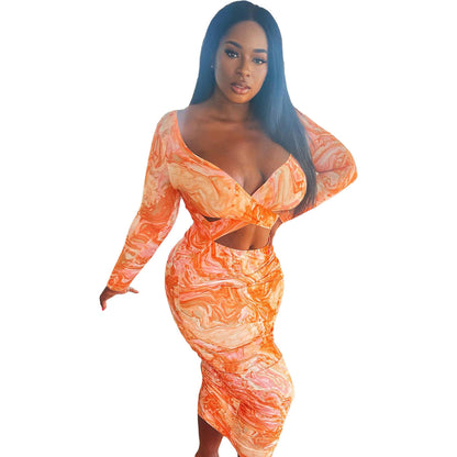 Women Clothing Autumn Winter Tie Dyed Printed Cutout Pleated V neck Dress by Ragazza