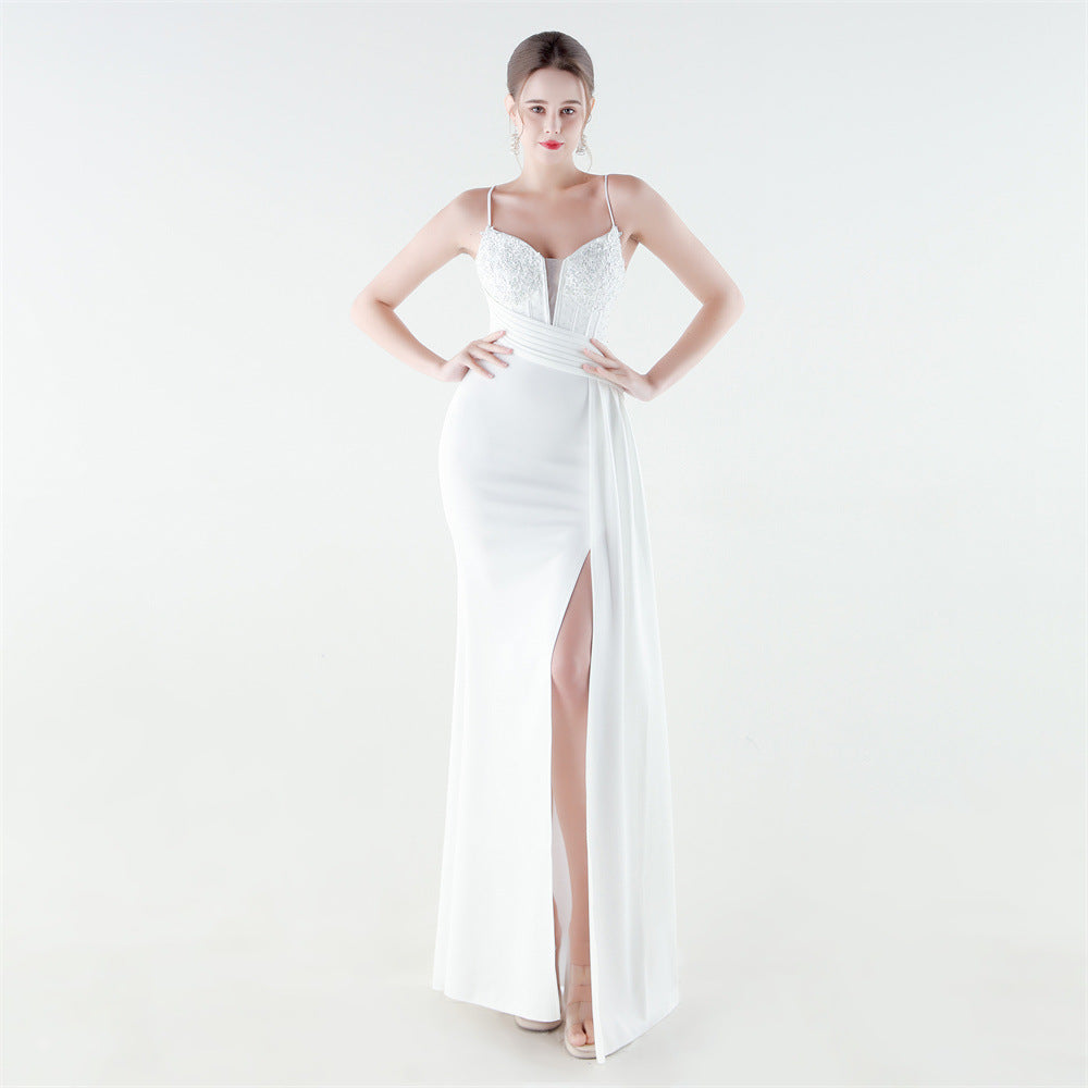 Deep V Plunge Waist Tight High Slit Sequin Embroidered Strap Slim Fit Elegant Evening Dress by Ragazza