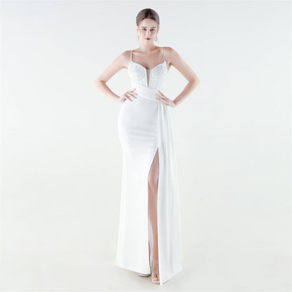 Deep V Plunge Waist Tight High Slit Sequin Embroidered Strap Slim Fit Elegant Evening Dress by Ragazza