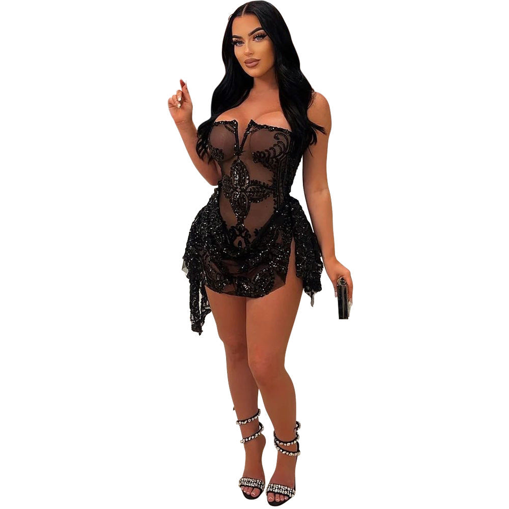 Sexy V Neck Tube Top See Through Sequ Dress Women Fashionable Irregular Asymmetric Dress by Ragazza