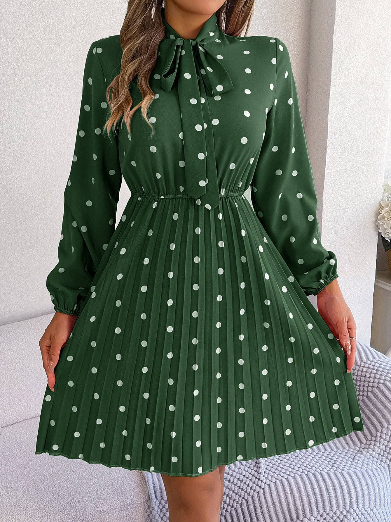 Real Shot Spring Summer Polka Dot Self Tie Waist Controlled Long Sleeves Pleated Women Clothing by Ragazza