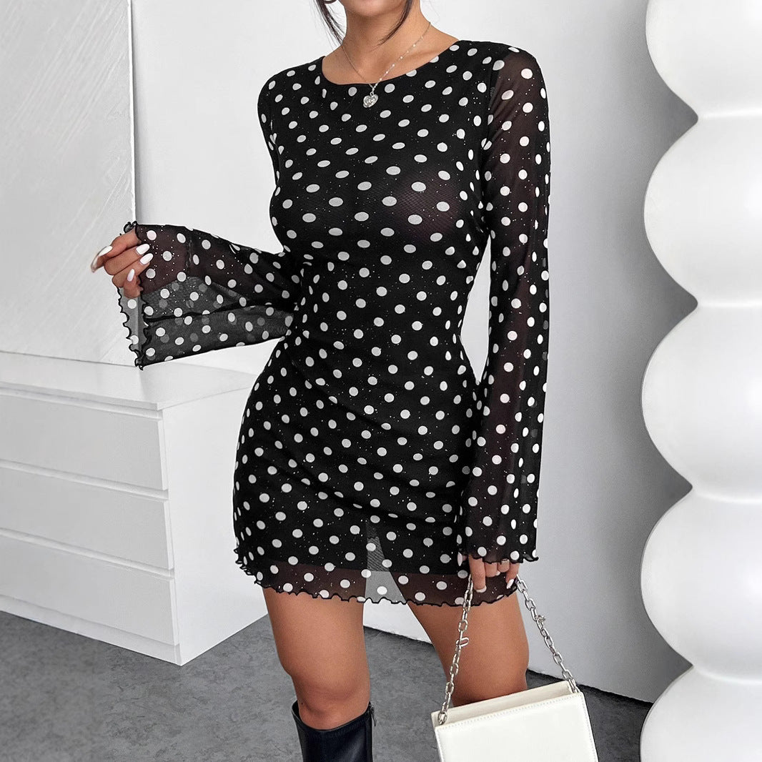 Elegant Mesh Polka Dot Printed round Neck Backless Long Sleeves Dress by Ragazza