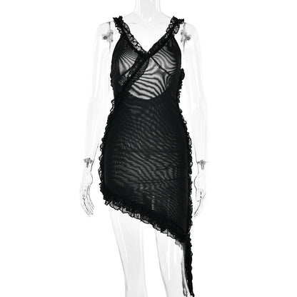 Summer V neck Slip Dress Women Sexy Backless Stitching Lotus Leaf Dress by Ragazza