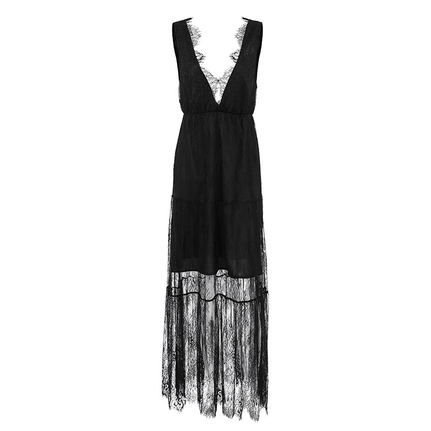 Sexy Black Brocade Lace Dress All Matching Sexy V-neck Loose Backless Women Dress by Ragazza