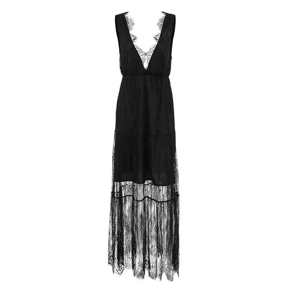 Sexy Black Brocade Lace Dress All Matching Sexy V-neck Loose Backless Women Dress by Ragazza