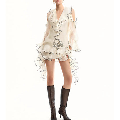 Vacation Socialite Light Luxury Trim Slim White Dress Autumn Ruffled Long Sleeve off Shoulder Dress by Ragazza