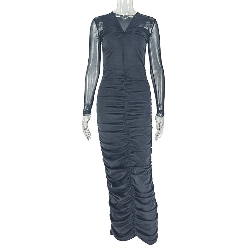 Women Clothing Pleated Slim Fit Elegant V neck Hip Dress Long Sleeve Solid Color Street Step Dress by Ragazza