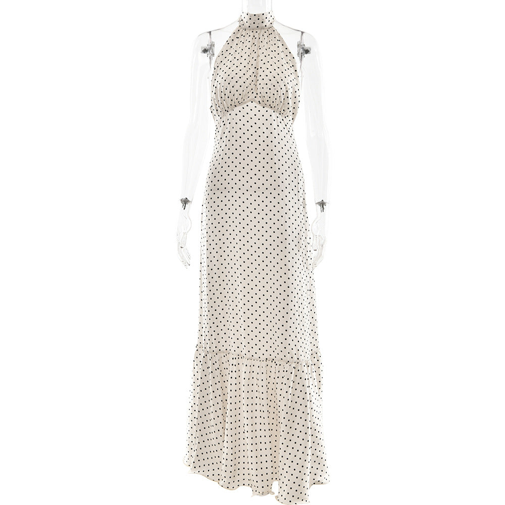 French Halter Polka Dot Satin Dress Sexy Elegant Backless Waist Trimming Dress by Ragazza