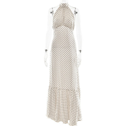 French Halter Polka Dot Satin Dress Sexy Elegant Backless Waist Trimming Dress by Ragazza