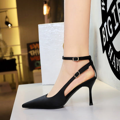 Sexy Leopard Print Stiletto Heels Women Pointed Toe Satin Hollow Out Cutout out Strap Classy Shoes  DestGlow