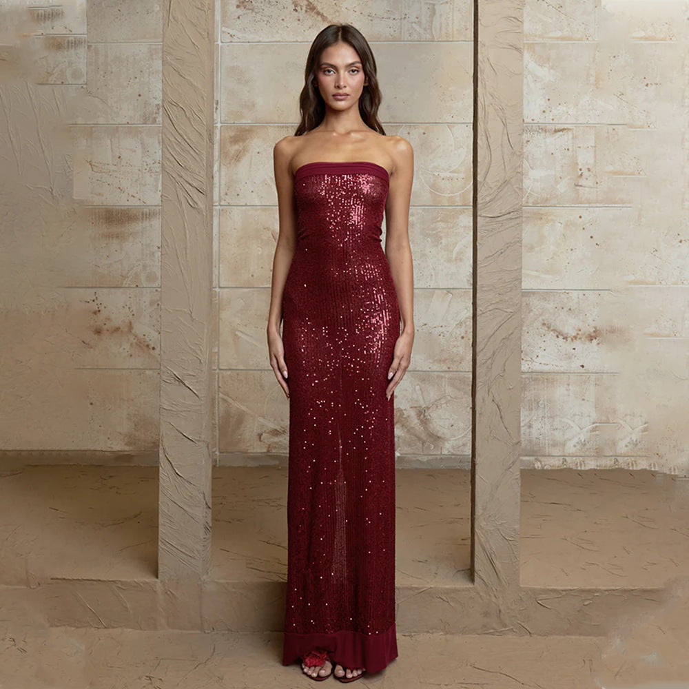 Sexy Women Clothing Evening Dress Elegant Bandeau Slim Fit Maxi Dress Sequined Split Backless Dress  DestGlow