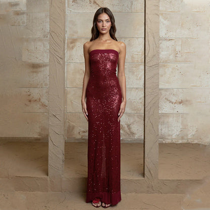 Sexy Women Clothing Evening Dress Elegant Bandeau Slim Fit Maxi Dress Sequined Split Backless Dress  DestGlow
