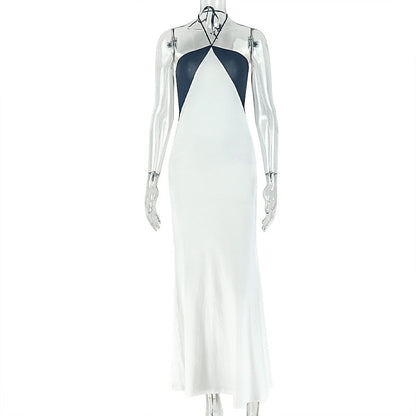 Black White Women Clothing Halter Slim Fit Sleeveless Hiking Hip Dress Contrast Color Outdoor Maxi Dress  DestGlow