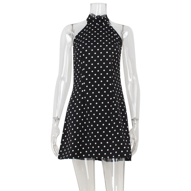 Elegant French Halter Backless Slim Fit Polka Dot Printed Sexy Sexy A line Dress by Ragazza