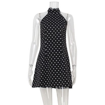 Elegant French Halter Backless Slim Fit Polka Dot Printed Sexy Sexy A line Dress by Ragazza